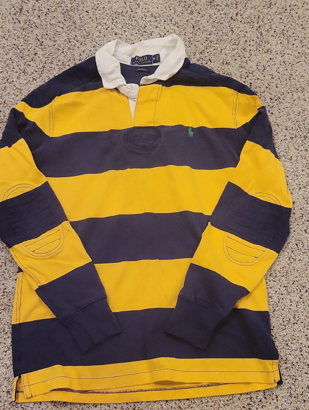 Polo Ralph Lauren Rugby Yellow Navy Striped Long Sleeve Collar Mens Medium